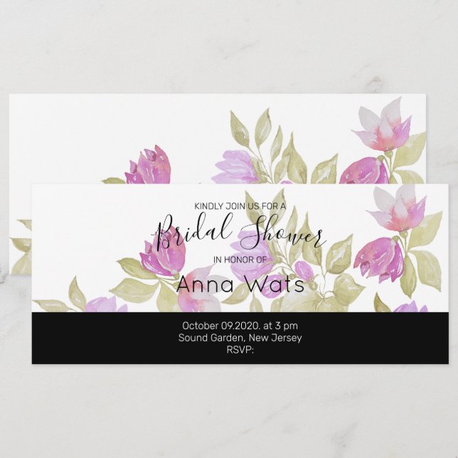 Carte Aquarelle violet rose Fleurs peintes à la main (Devant / Derrière)