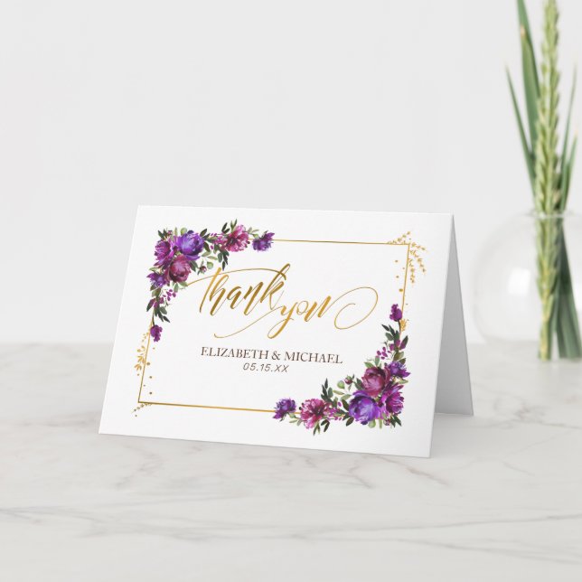 Carte Aquarelle violette rose chaud or Merci Floral (Devant)