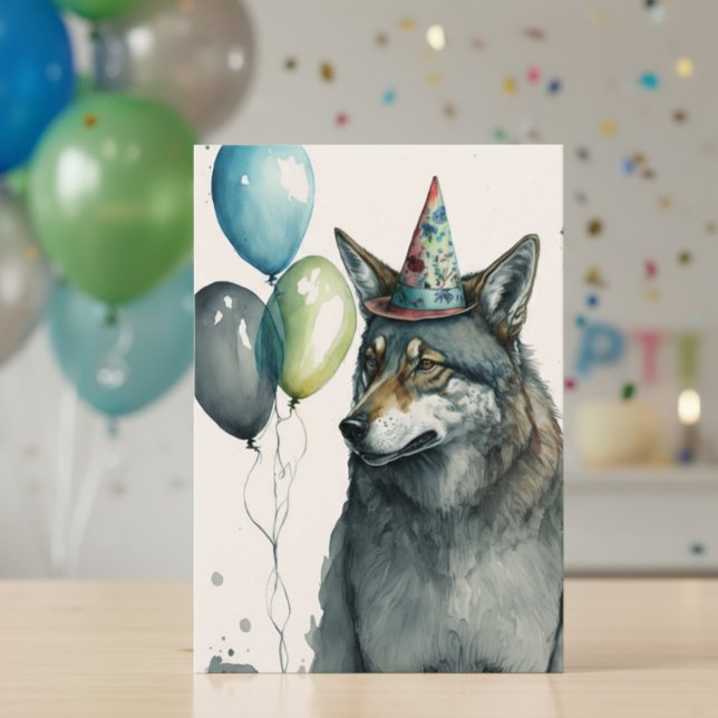 Carte Aquarelle Wolf avec ballons Anniversaire (Créateur téléchargé)