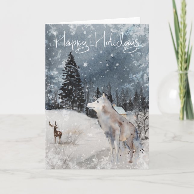 Carte Aquarelle Wolf Cabine paysage de neige (Devant)