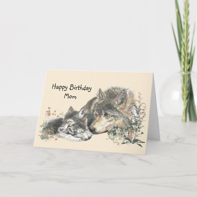 Carte Aquarelle Wolf Mère & Cubs Maman Anniversaire (Devant)