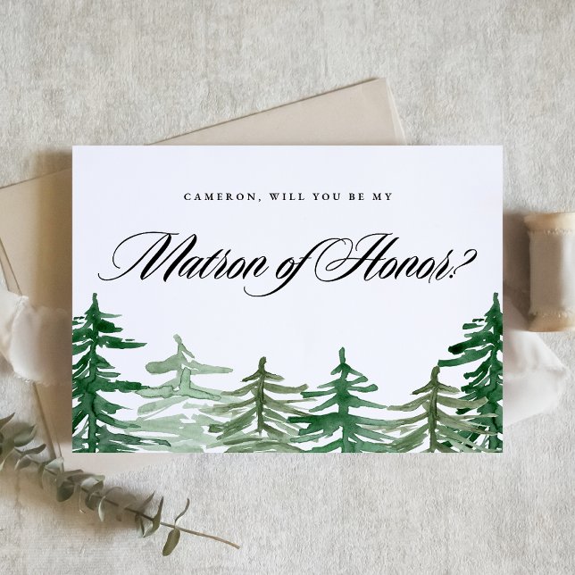 Carte Aquarelle Woodland Serez-vous mon maître d'honneur ( Customizable Woodland "Will You Be My Matron of Honor?" Card featuring watercolor forest.)