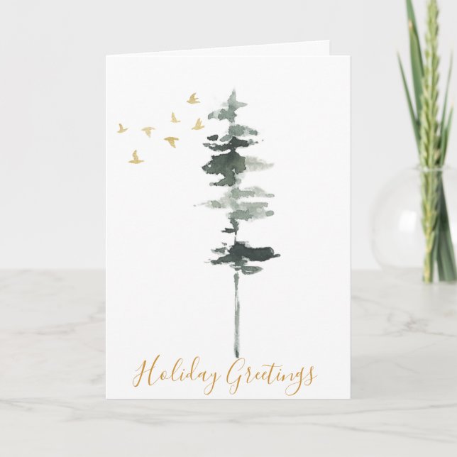 Carte Arbre à pin d'hiver et aquarelle d'oiseaux (Devant)