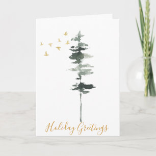 Carte Arbre à pin d'hiver et aquarelle d'oiseaux