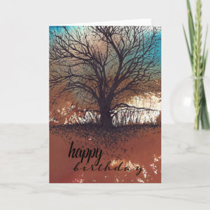 Carte Arbre Abstrait Paysage Encre Peint Art Anniversair