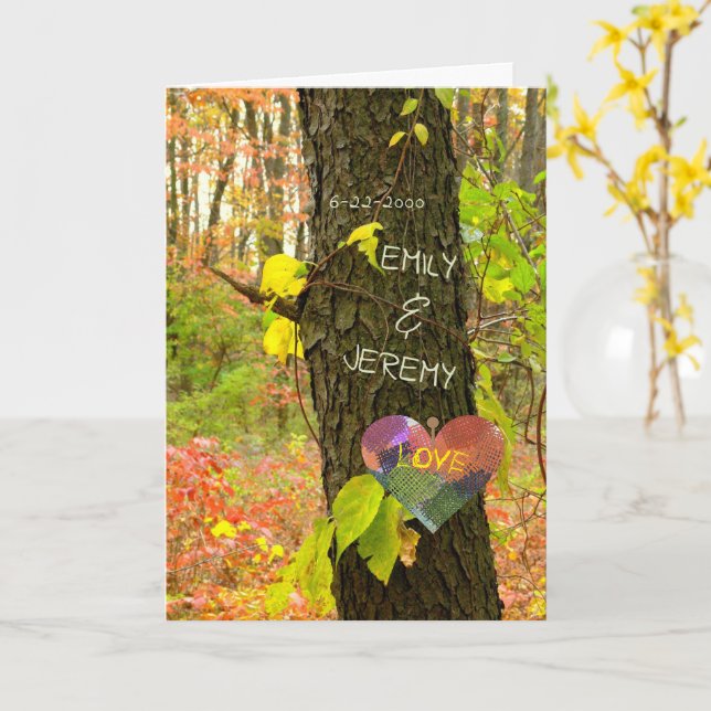 CARTE ARBRE "CARVÉ" AVEC VOS PROPRES NOMS/ANNIVERSAIRE (Fleur jaune)