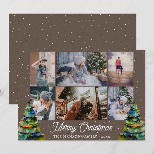 Carte Arbre de Noël Aquarelle Famille 6 Photo Collage (Devant / Derrière)