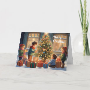 Carte Arbre de Noël avec cadeaux et joie des enfants