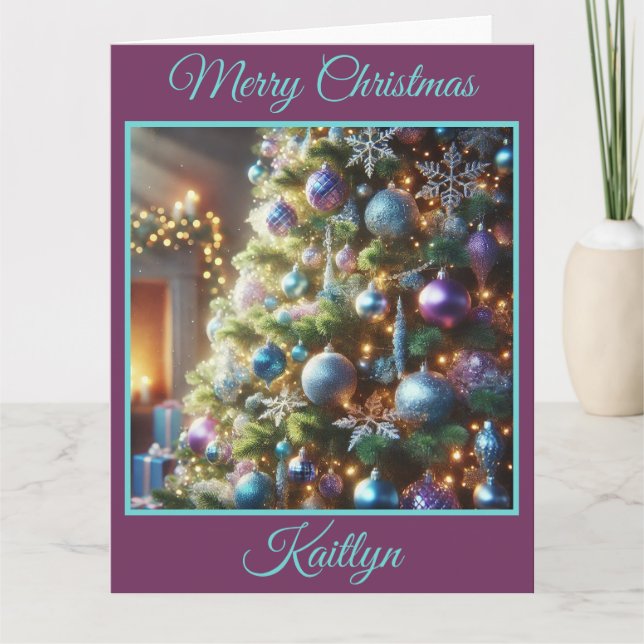 Carte Arbre de Noël bleu et pourpre (Devant)