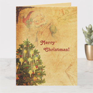 Carte Arbre de Noël décoré Vintage et déprimé Père Noël