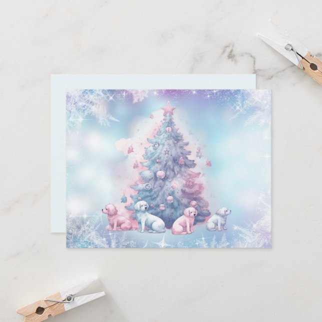 Carte Arbre De Noël En Chiots Rose Pastel (Devant/Arrière en situation)