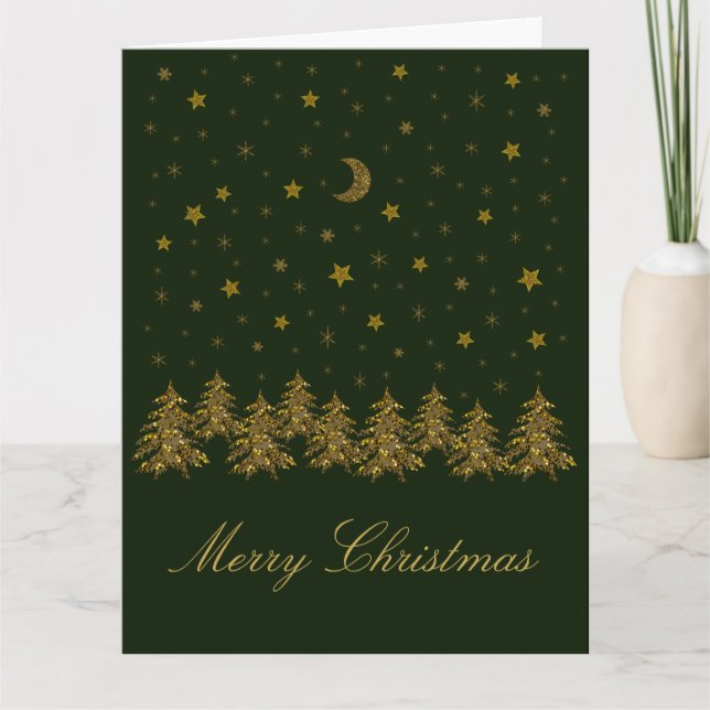Carte Arbre de Noël en or brillant, lune, étoiles sur ve (Devant)