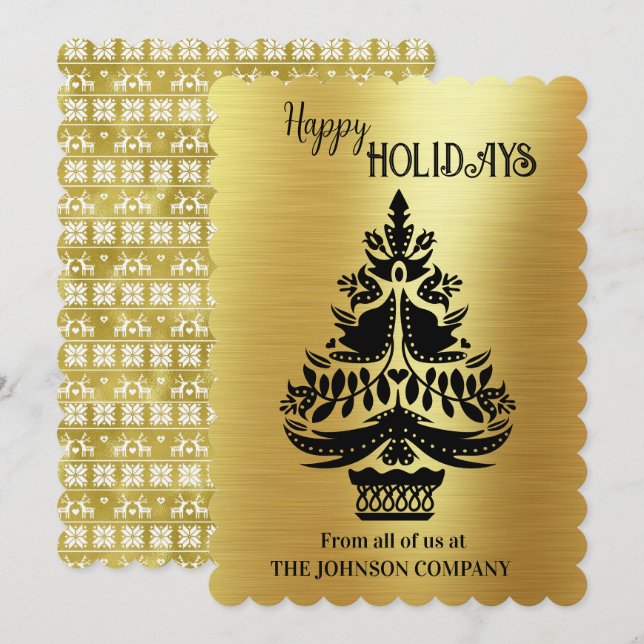 Carte Arbre de Noël en silhouette noire sur huile d'or (Devant / Derrière)