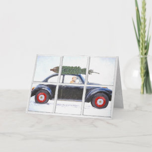 Carte Arbre de Noël en voiture avec chien dans la fenêtr