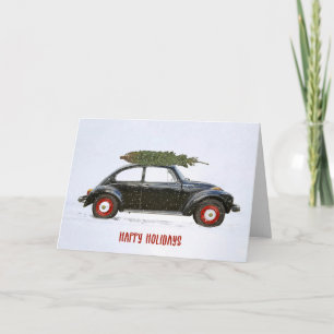 Carte Arbre de Noël en voiture rétro en flocons de neige