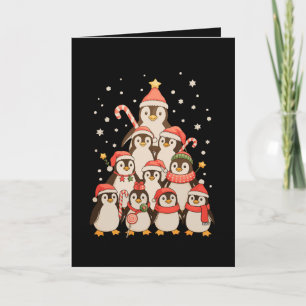 Carte Arbre de Noël Pingouin Neige Chapeau de Père Noël 
