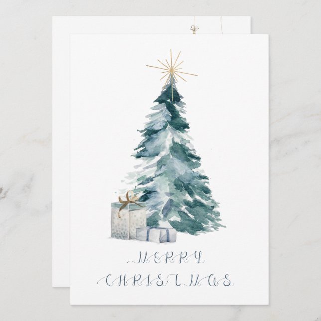 Carte Arbre de Noël Vintage aquarelle étoile or (Devant / Derrière)