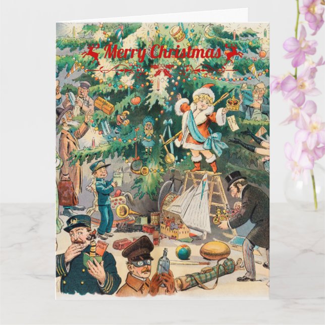 Carte Arbre de Noël vintage lithographique   (Orchidée)