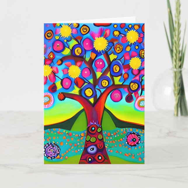 Carte Arbre de style d'art populaire coloré | Penser à v (Devant)