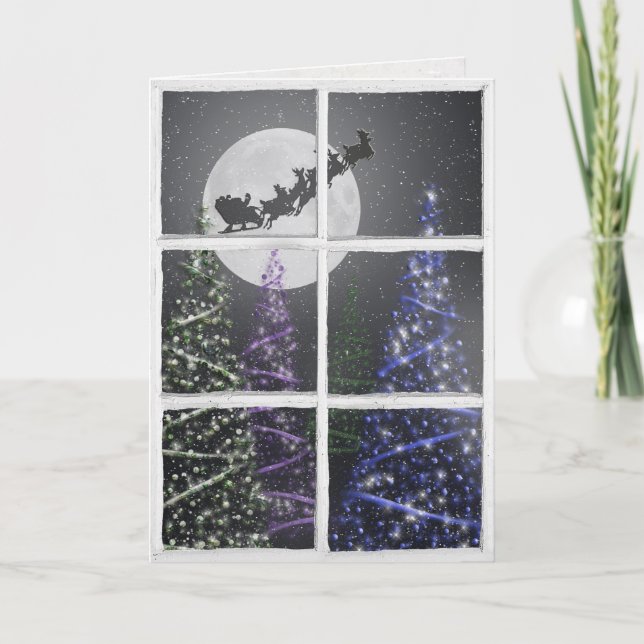 Carte Arbres de Noël et lune avec Père Noël dans la fenê (Devant)