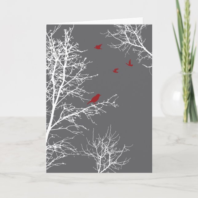 Carte Arbres et oiseaux paisibles de silhouette d'hiver (Devant)