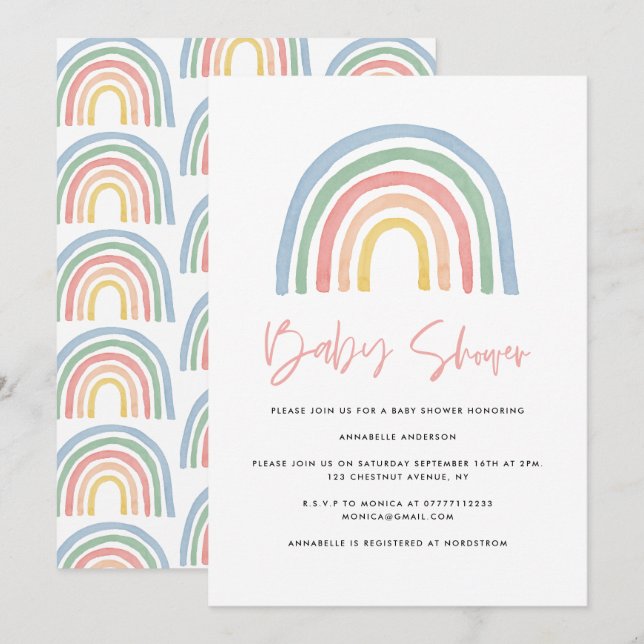Carte Arc-en-ciel moderne aquarelle baby shower élégant (Devant / Derrière)