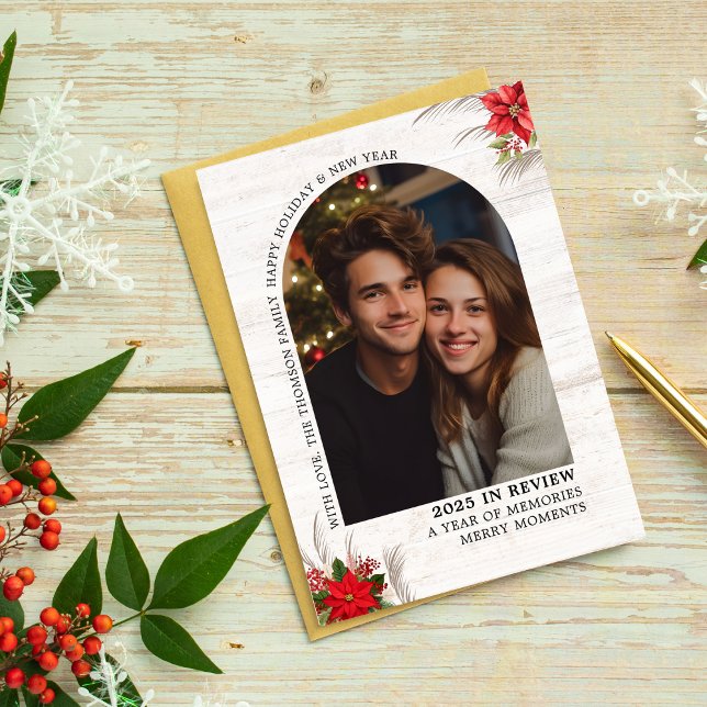 Carte Arch Quelle année en revue Photos multiples Noël (arch christmas elegant classic typography modern minimalist family botanical foliage holly berries)