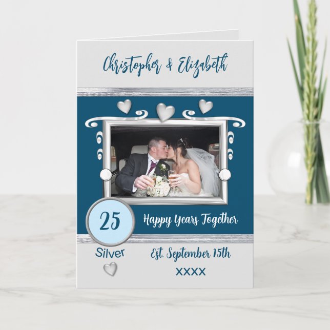 Carte Argent 25e anniversaire ajouter des noms photo ble (Devant)