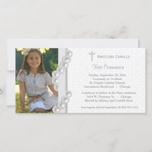 Carte Argent Damask Pearls First Communion Photo Invitat