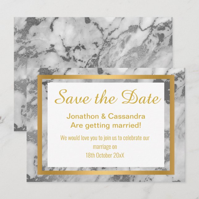 CARTE ARGENT GRIS OR MARBRE ABSTRAIT ENREGISTRER LA DATE (Devant / Derrière)