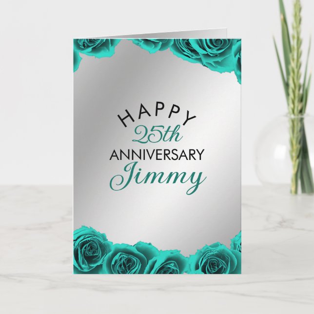 Carte Argent moderne Mari Rose Turquoise 25e anniversair (Devant)