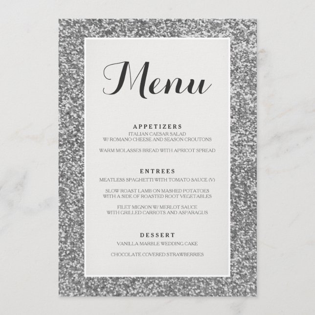 Carte argentée élégante de menu de mariage de (Devant)