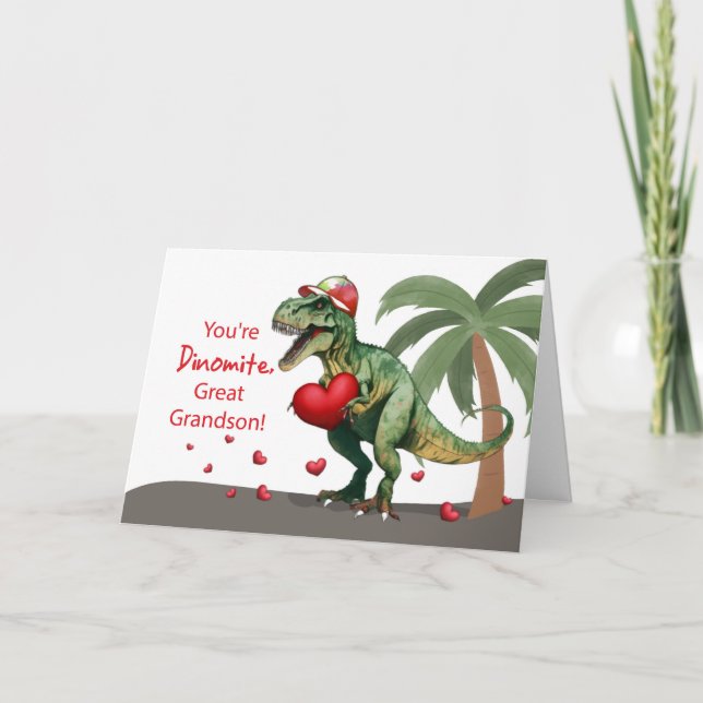 Carte Arrière-petit-fils Chapeau et cœurs de dinosaure d (Devant)