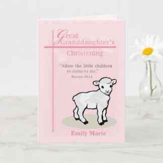 Carte Arrière-petite-fille Baptême Croix Agneau Rose