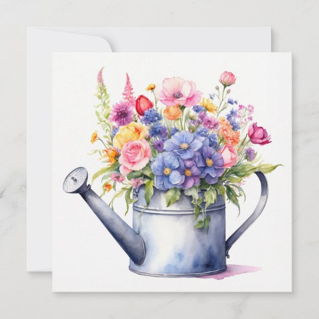 Carte Arrosoir à aquarelle avec fleurs de jardin  (Devant)