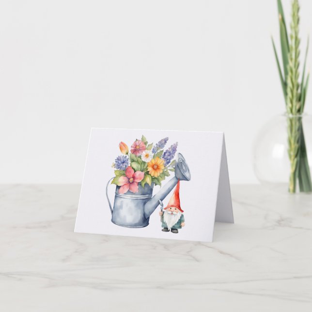 Carte Arrosoir avec fleurs et gnome de jardin  (Devant)
