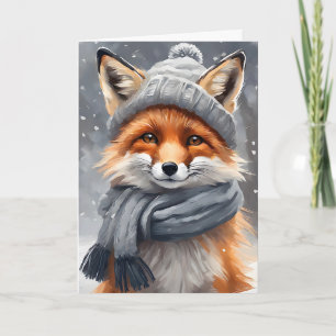 Carte Art à l'aquarelle Renard rouge au chapeau et à l'é