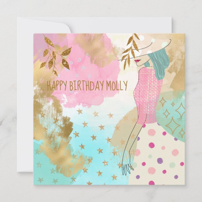 Carte Art Abstrait Casquette Turquoise rose joyeux anniv (Devant)