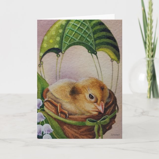 Carte Art aquarelle d'un bébé oiseau en parachute vert (Devant)