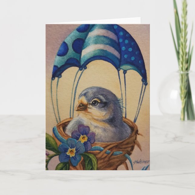 Carte Art aquarelle Parachute Bleu d'Oisillon (Devant)