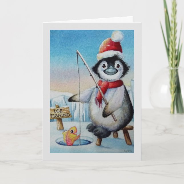Carte Art aquarelle pêche sur glace au pingouin fantaisi (Devant)