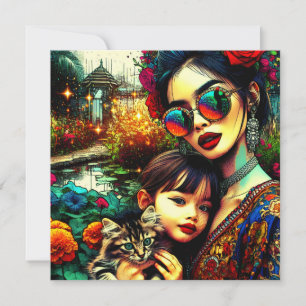 Carte Art Coloré Maman et Fille Jardin de Fleurs Asiatiq
