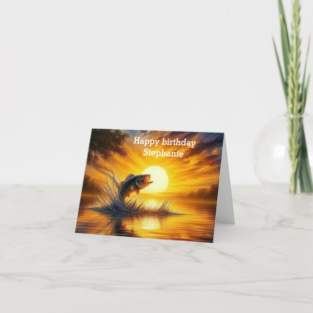 Carte art de la pêche leaping coucher de soleil Joyeux a (Devant)