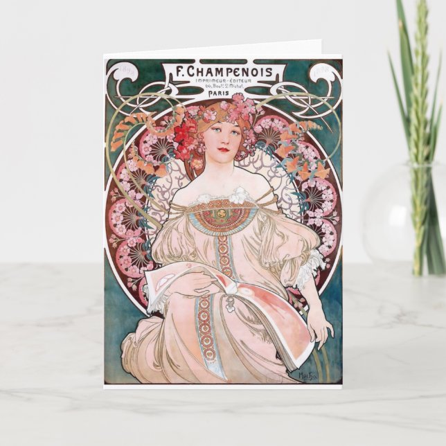 Carte Art déco de dame de robe de rose de Mucha (Devant)