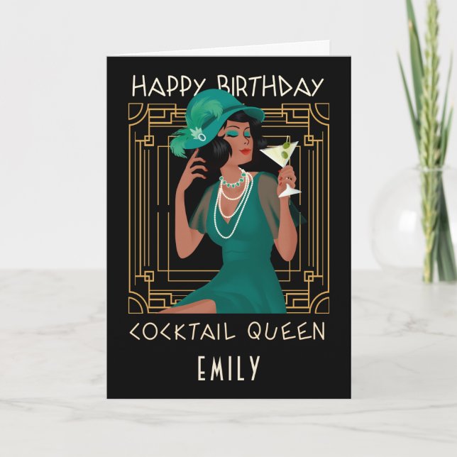 Carte Art Déco Joyeux Anniversaire Cocktail Queen Black (Devant)