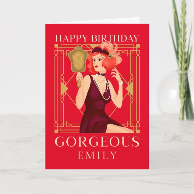 Carte Art Déco Joyeux Anniversaire Jolie Dame Mirror Rou (Devant)
