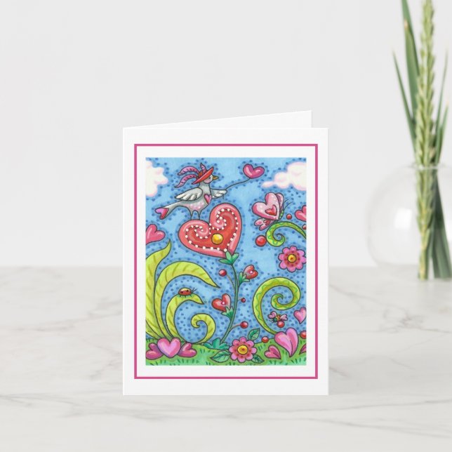CARTE ART FOLKLORIQUE FANTAISISTE OISEAU, CŒURS ROSES JA (Devant)