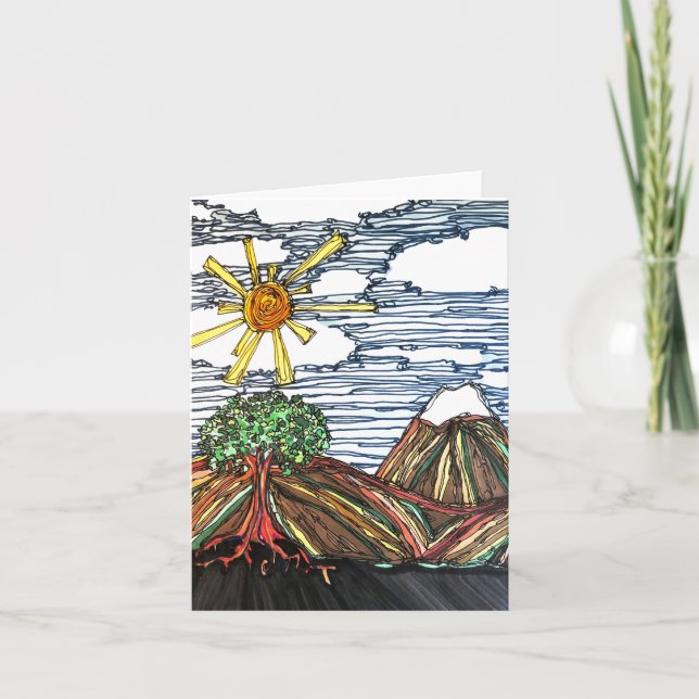 Carte Art linéaire avec montagnes, arbre, soleil, main t (Devant)