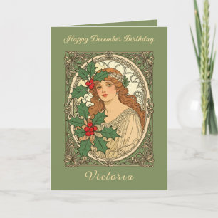 Carte Art Nouveau Baies de Houx Anniversaire de Décembre