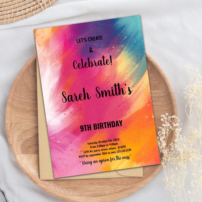 Carte Art Party Filles Editable avec éclaboussure  (Pink Purple Paint Birthday Invitations)